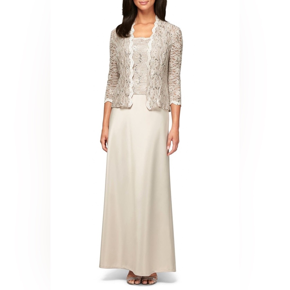 Lace & Satin Gown Sheer 3/4 Sleeve Scalloped Lace Jacket Formal Dress Taupe 14P